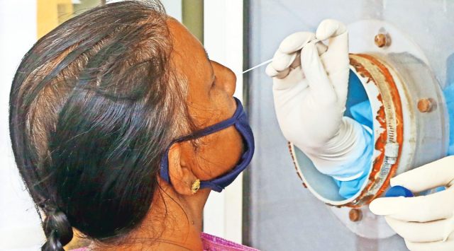 COVID19 Nasal swab testing in progress at Civil Hospital, Mohali on Friday, April 16 2021. (Express photo by Jasbir Malhi)