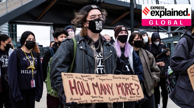 Roosevelt High School students protest in Minneapolis on April 19, 2021, as the Derek Chauvin trial hears closing arguments in the death of George Floyd while in police custody last year. (The New York Times: Joshua Rashaad McFadden)