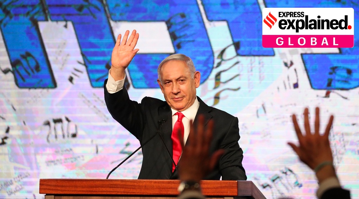 In this Wednesday, March. 24, 2021 file photo, Israeli Prime Minister Benjamin Netanyahu waves to his supporters after the first exit poll results for the Israeli parliamentary elections at his Likud party's headquarters in Jerusalem. (AP)
