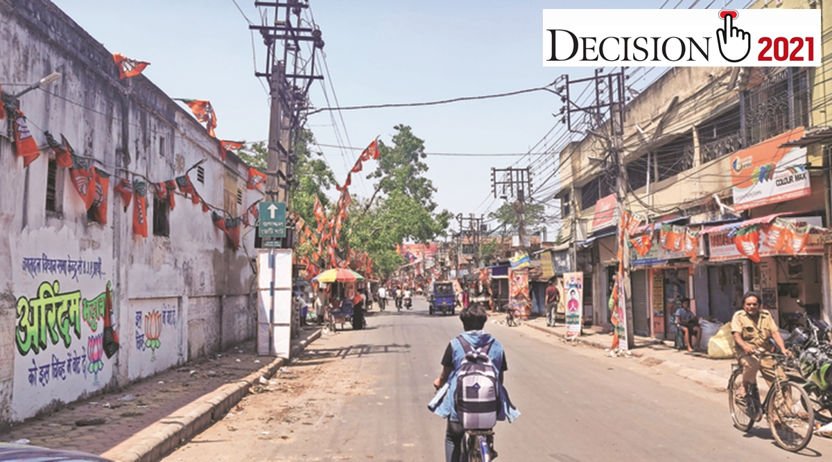 BJP flags, posters in Bhatpara, a party stronghold. (Express photo: Dipankar Ghose)