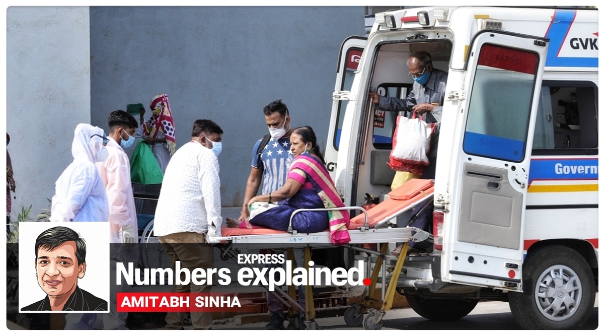 Healthcare staff and relatives take a Covid-19 patient into a hospital in Asarwa. (Express Photo: Nirmal Harindran)