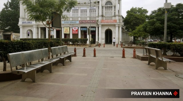 Connaught Place in New Delhi remains deserted owing to lockdown restrictions. (Express Photo: Praveen Khanna