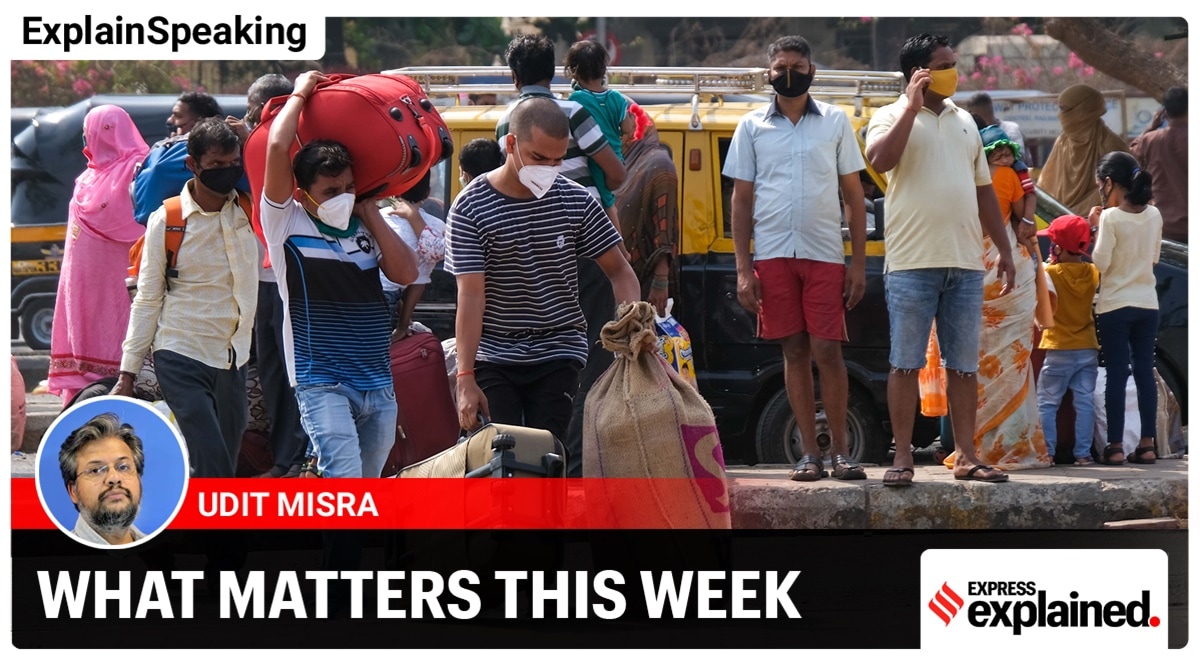 Migrant labourers at Lokmanya Tilak Terminus (LTT) Mumbai after Maharashtra government announced new curbs (Express Photo/Ganesh Shirsekar)