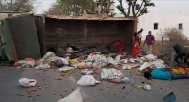 According to Shamshabad police, a lorry collided with a car and overturned.
