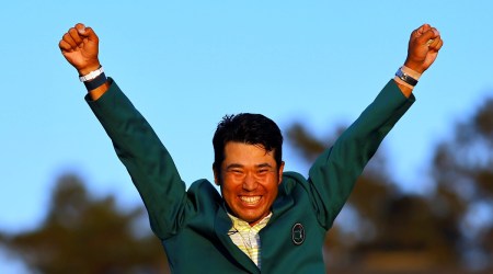 Japan's Hideki Matsuyama celebrates with his green jacket after winning The Masters (Source: Reuters)