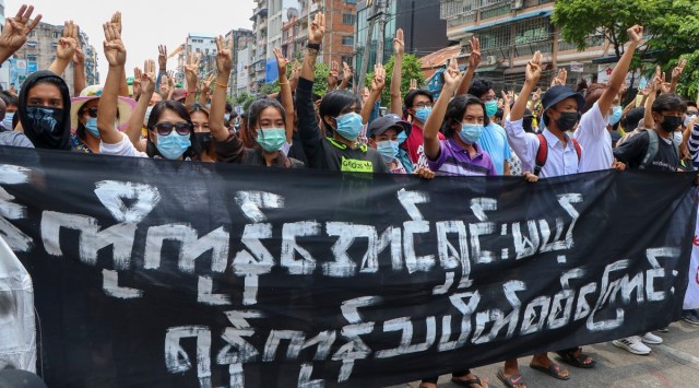 Anti-coup protesters at a rally in Yangon on Monday. (AP)
