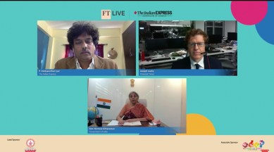 Finance Minister Nirmala Sitharaman with
P Vaidyanathan Iyer, Executive Editor (National Affairs), The Indian Express, Joseph Leahy, Asia News Editor, Financial Times.