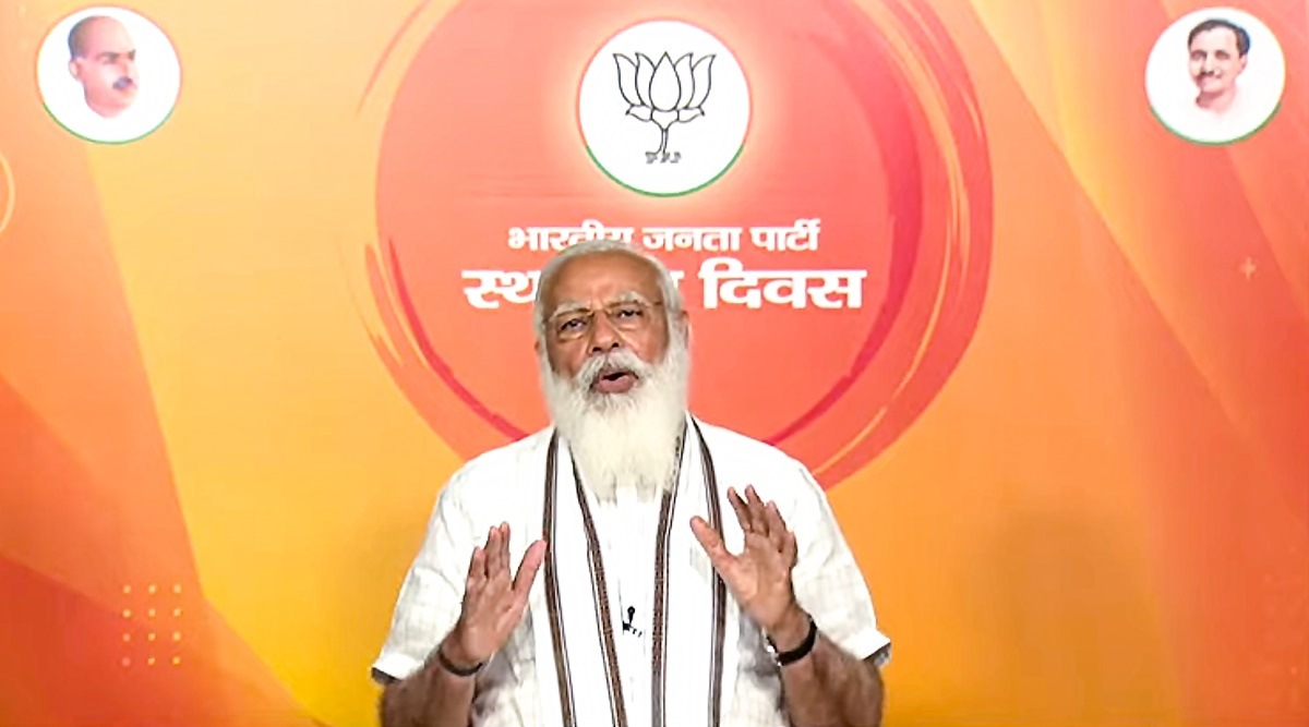 Prime Minister Narendra Modi addresses BJP workers on the occasion of the party's Sthapana Diwas (Foundation Day), via video conferencing, in New Delhi (PTI)