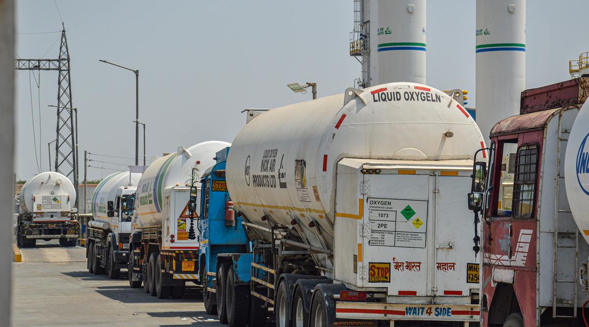 Oxygen tankers queued at Bhojpur Oxygen Plant, near Modinagar, Thursday, April 22, 2021. (PTI Photo)