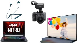 Sony camera, Acer laptop, Lenovo ThinkBook, Wireless neckband, Samsung 8K OLED TV