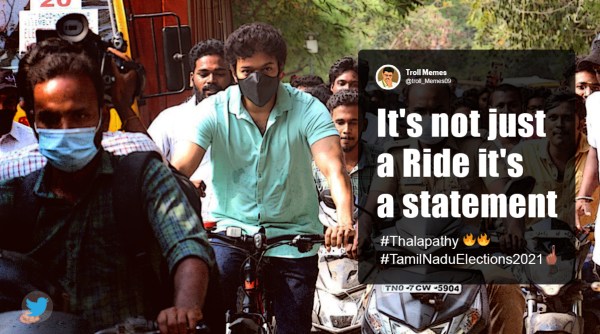 Assembly Elections, Assembly election 2021, Tamil Nadu Assembly pools, Actor Vijay, Actor Vijay on Bicycle, Actor Vijay vote, Actor Vijay rides bicycle to polling booth, Actor Vijay bicycle viral video, Tamil Nadu Assembly election, Trending news, Indian Express news