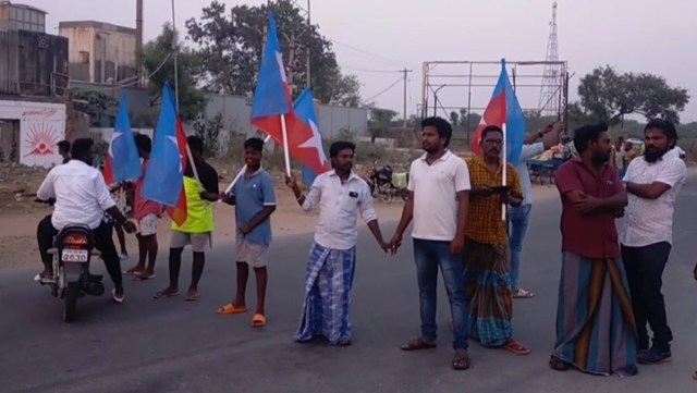 Members of the Viduthalai Chiruthaigal Katchi stage a road blockade on the Tiruttani-Tirupati highway demanding strict action against the accused. (Express Photo)