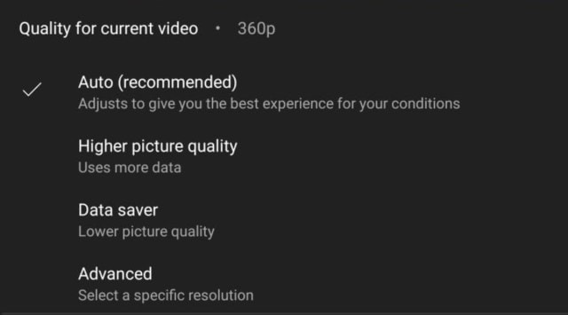 YouTube, YouTube quality settings,
