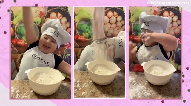 boy, boy chef, boy influencer, boy social media influencer, little boy sprinkles flour eyes viral video, twitter reactions, little boy baking viral video, trending, indian express, indian express news
