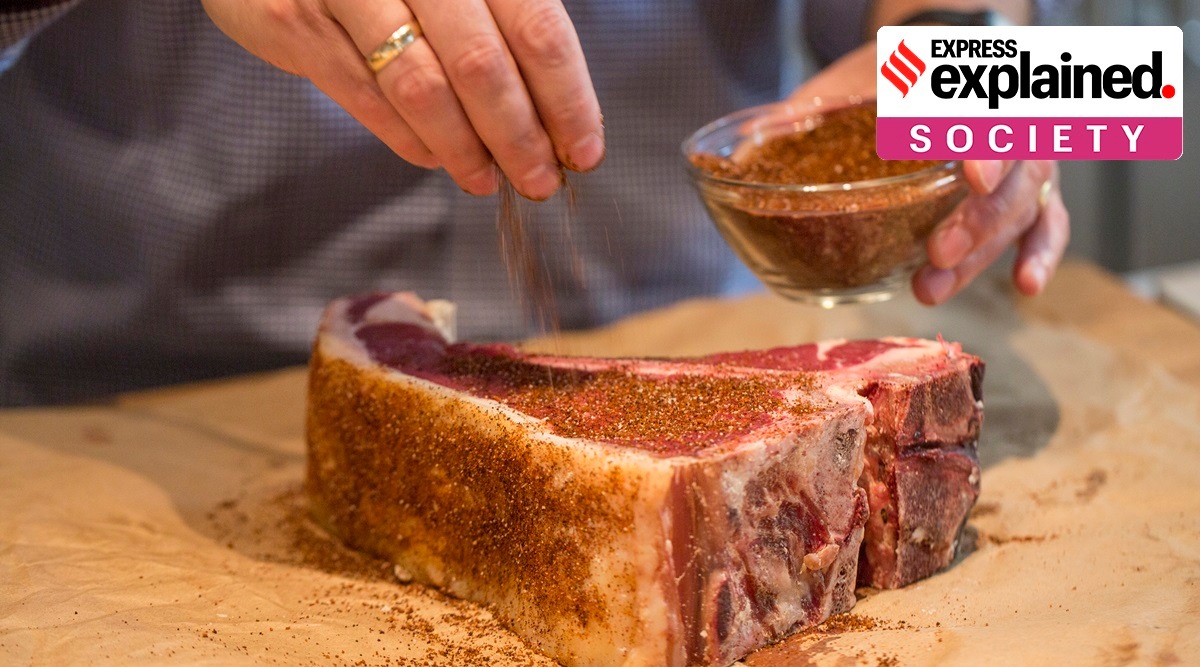 A steak is seasoned. Epicurious said it would no longer feature recipes that have beef as an ingredient because of the cattle industry’s effects on climate change. (The New York Times: Tony Cenicola)