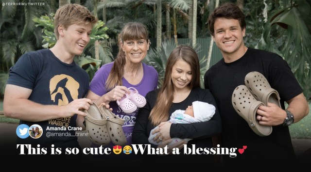 Bindi Irwin, daughter first croc encounter picture, Bindi Irwin April fools post, Terri Irwin twitter, April fool’s day baby grace croc encounter, Steve Irwin daughter Bindi, Trending news, Indian Express news.