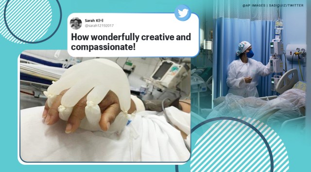 gloves hand, tiny hand gloves, nurse gloves hand for covid patient, nurse comfort covid patient with latex gloves hand, brazil covid deaths, viral news, indian express