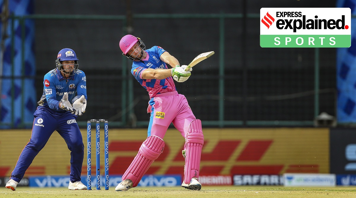 Jos Buttler of Rajasthan Royals plays a shot during a match of the Indian Premier League between Mumbai Indians and Rajasthan Royals at the Arun Jaitley Stadium, in New Delhi, Thursday, April 29, 2021. (PTI Photo/Sportzpics for IPL)