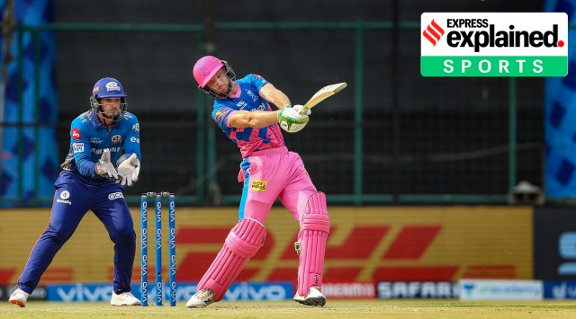Jos Buttler of Rajasthan Royals plays a shot during a match of the Indian Premier League between Mumbai Indians and Rajasthan Royals at the Arun Jaitley Stadium, in New Delhi, Thursday, April 29, 2021. (PTI Photo/Sportzpics for IPL)