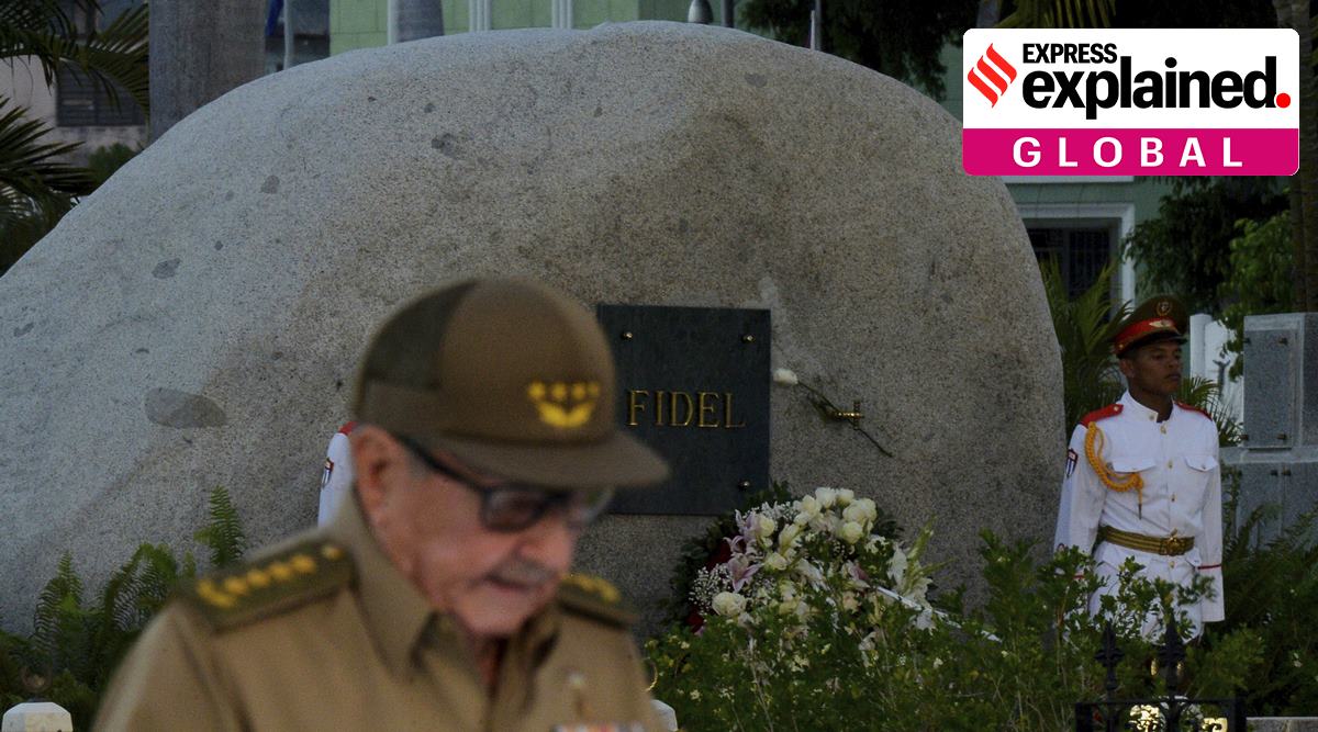Cuba's Raul Castro gives a speech during the celebration of 60th Anniversary of Cuban Revolution in front  the tomb of Cuba's leader Fidel Castro at the Santa Ifigenia cemetery in Santiago de Cuba, Tuesday, Jan. 1, 2019. (Yamil Lage/ Pool via AP)