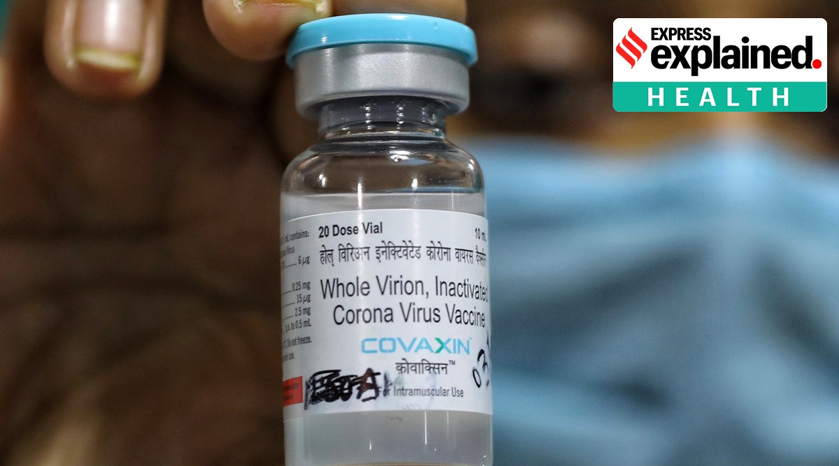 A nurse displays a Covaxin vial at a Covid-19 vaccination centre in Kolkata. (Express Photo: Partha Paul)