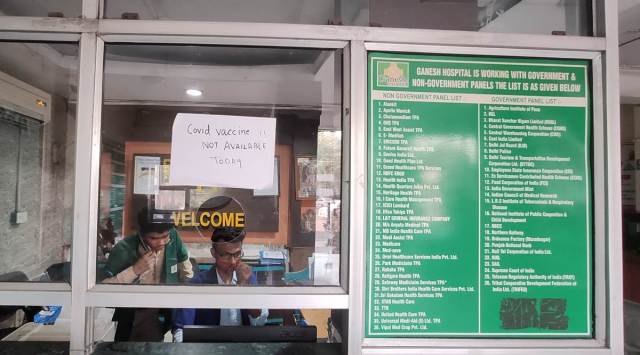 A notice at the Ganesh Hospital in Ghaziabad on Thursday says vaccine ‘not available today’. (Express photo by Abhinav Saha)