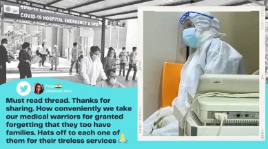 exhausted nurse covid ward, exhausted nurse ppe kit viral photo, covid ward sad reality, covid ward frontline workers story, viral twitter thread healthcare workers, indian express