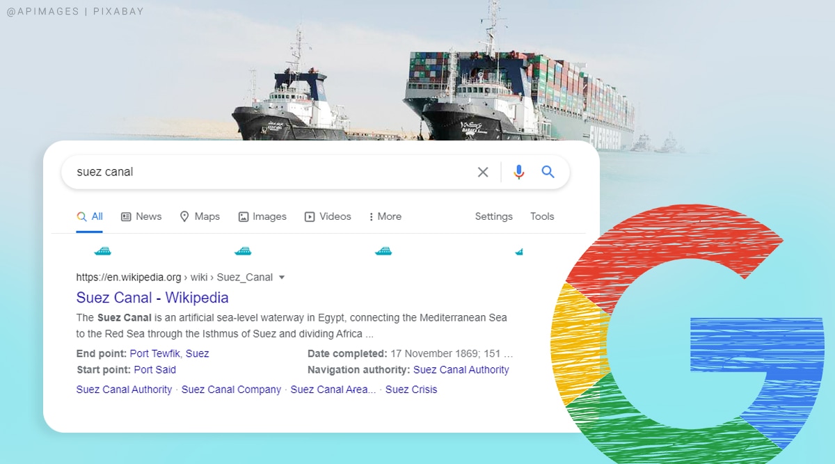 Suez Canal, Google Easter egg, Suez Canal celebratory Easter egg for Ever Given, Suez unblocked, Ever Given freed, Suez canal boat freed, Suez canal traffic resume, Suez canal unblock memes, Trending news, Indian Express news.