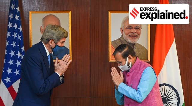 US climate envoy John Kerry and Union Minister Prakash Javadekar exchange greetings during a meeting at Prayvaran Bhawan, in New Delhi, Tuesday, April 6, 2021. (PTI Photo: Shahbaz Khan)