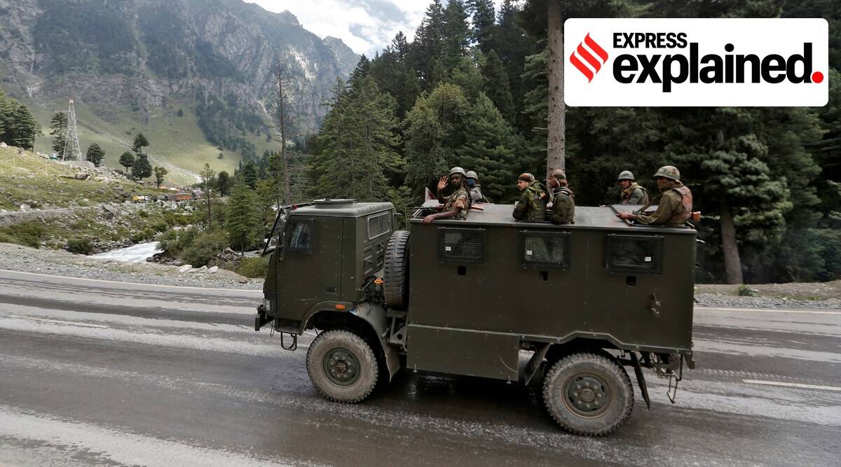 Indian Army soldiers seen atop a vehicle on a highway leading to Ladakh, at Gagangeer in Kashmir's Ganderbal district on September 2, 2020. (Reuters Photo: Danish Ismail)
