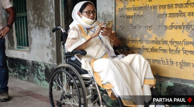 Mamata Banerjee visits a booth in Nandigram. (Express Photo: Partha Paul)