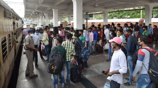 Migrants at a railway station to board trains for their homes, fearing another lockdown, in Hyderabad last week. (PTI)