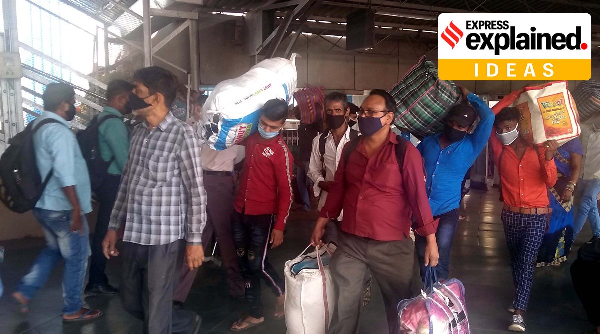 Migrant labourers at Kalyan railway station on April 6, 2021. Labourers are leaving Maharashtra amid the new lockdown. (Express Photo: Deepak Joshi)