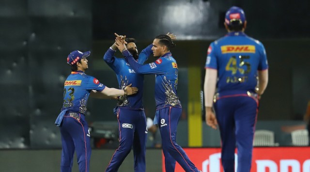 Mumbai Indians' Rahul Chahar celebrates taking a wicket against Sunrisers Hyderabad. (IPL)