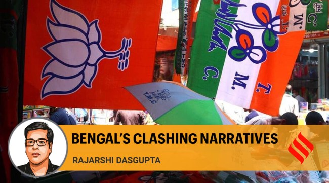 Flags of various political parties being sold at Kolkata BaraBazar before the elections (Express Photo/Shashi Ghosh)