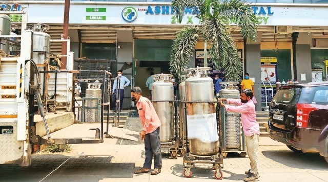 O2 cylinders at Shree Ashirvad Hospital in Badlapur. Maharashtra has over 60,000 people on oxygen support in hospitals and more at home. (Photo: Tabassum Barnagarwala)