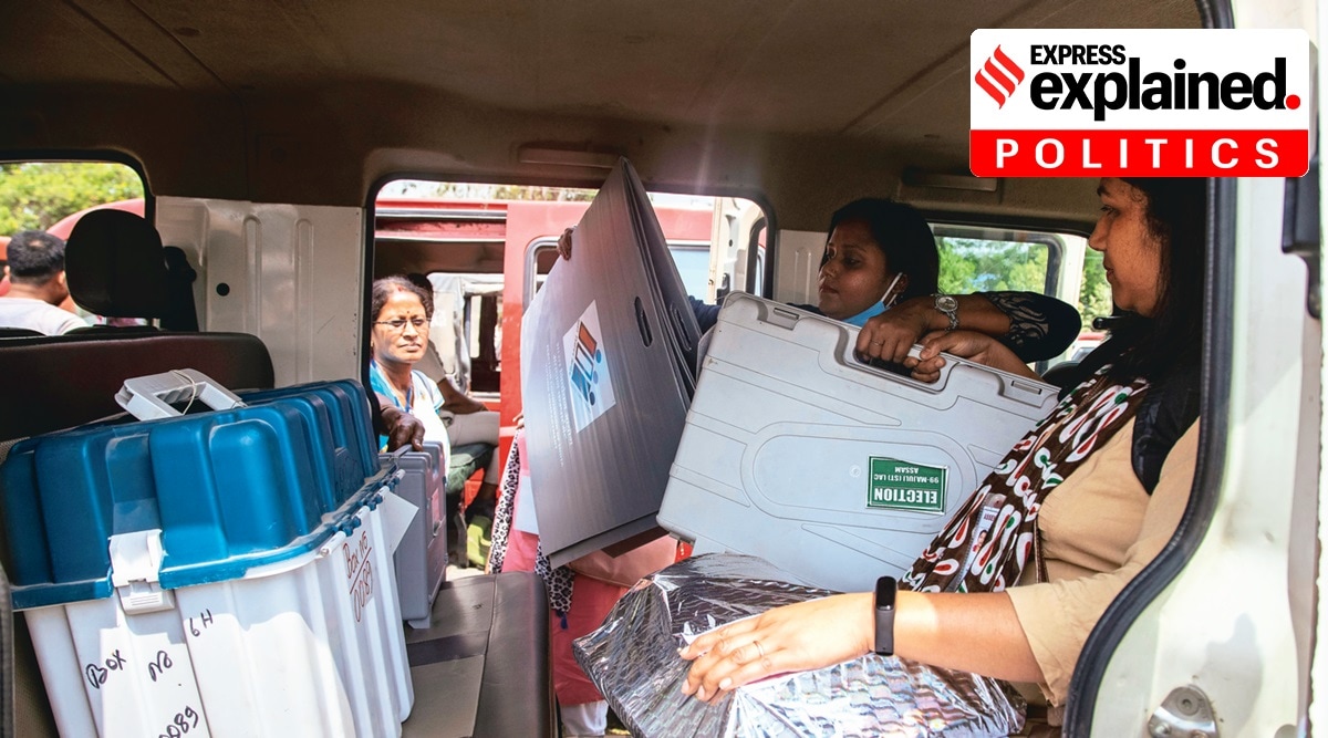 Election officials with EVMs during the first phase of voting in Assam. The polls in Assam concluded on Tuesday. (AP)