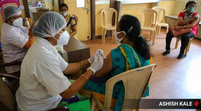 At a vaccination drive underway at Chhatrapati Shahu Maharaj Hospital in Wanawadi. (Express File Photo)
