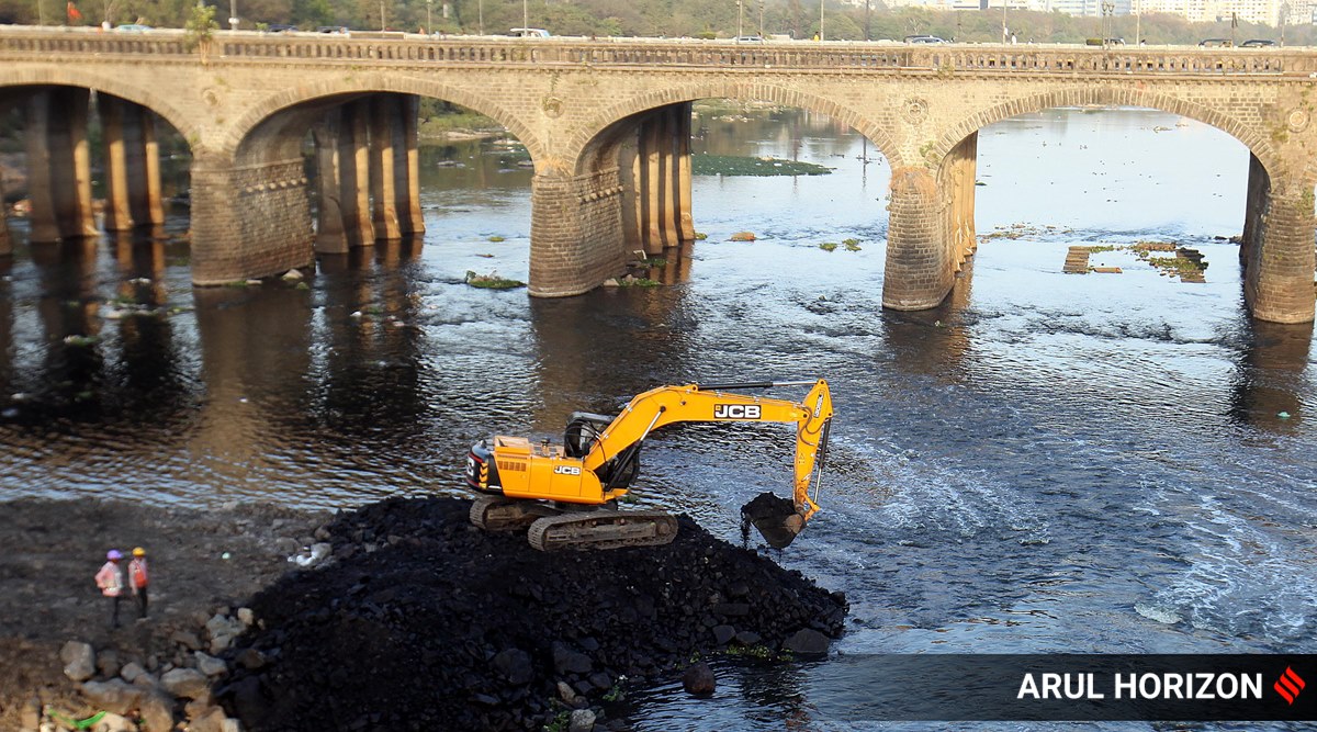 River cleaning in progress at Mula-Mutha river. (Express Photo: Arul Horizon, File)