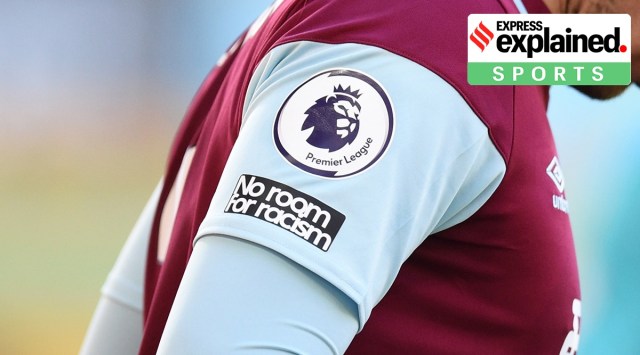 A Burnley player's shirt with the Premier League crest and 'no room for racism message'. (Pool via Reuters/Oli Scarff)