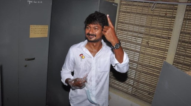 A complaint filed by AIADMK’s advocate wing joint secretary RM Babu Murugavel has alleged that Udhyanidhi Stalin deliberately violated the poll norms by wearing a shirt bearing the DMK’s poll symbol ‘Rising Sun’ and the party flag while casting his vote on Tuesday. (Express photo)