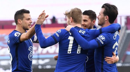 Chelsea's Timo Werner, centre, celebrates after scoring his side's opening goal during the English Premier League soccer match between West Ham United and Chelsea at London Stadium, London, England (Source: AP)