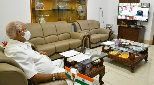 Karnataka CM Yediyurappa during the virtual meet with PM Modi.  (Express Photo)