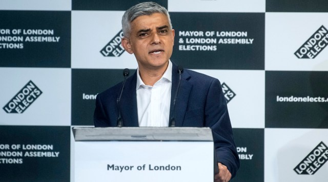 Labour's Sadiq Khan speaks after he was reelected and declared as the next Mayor of London at City Hall, in London, Saturday, May 8, 2021. (Victoria Jones/PA via AP)