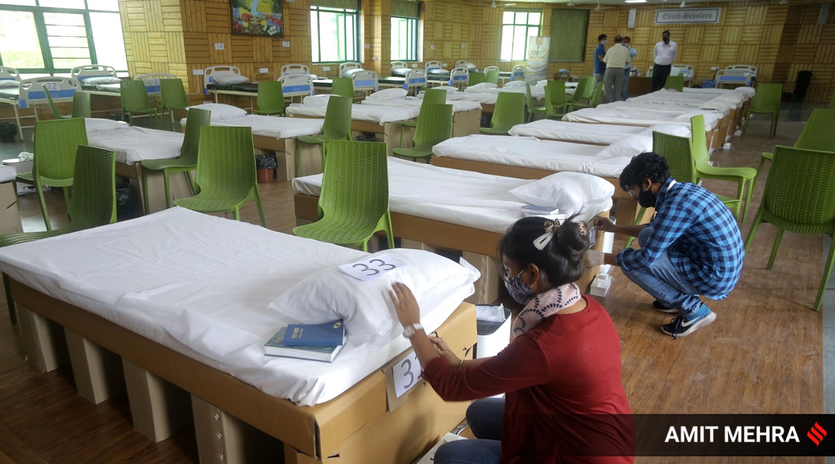 A Covid-19 care centre is set up at Mount Carmel School, Dwarka, in New Delhi, Monday, May 10, 2021. (Express Photo: Amit Mehra, File)