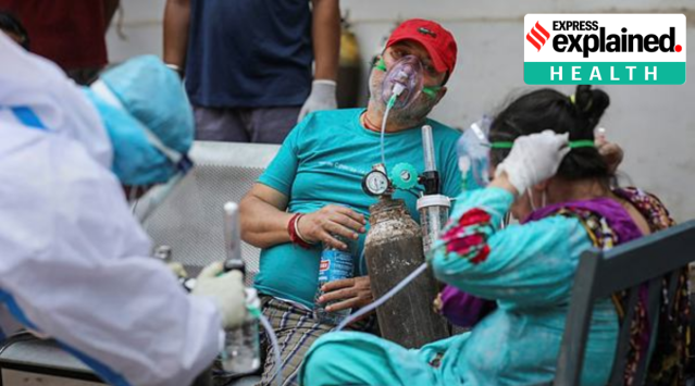 A Covid-19 patient receives oxygen at a care centre. (PTI Photo)
