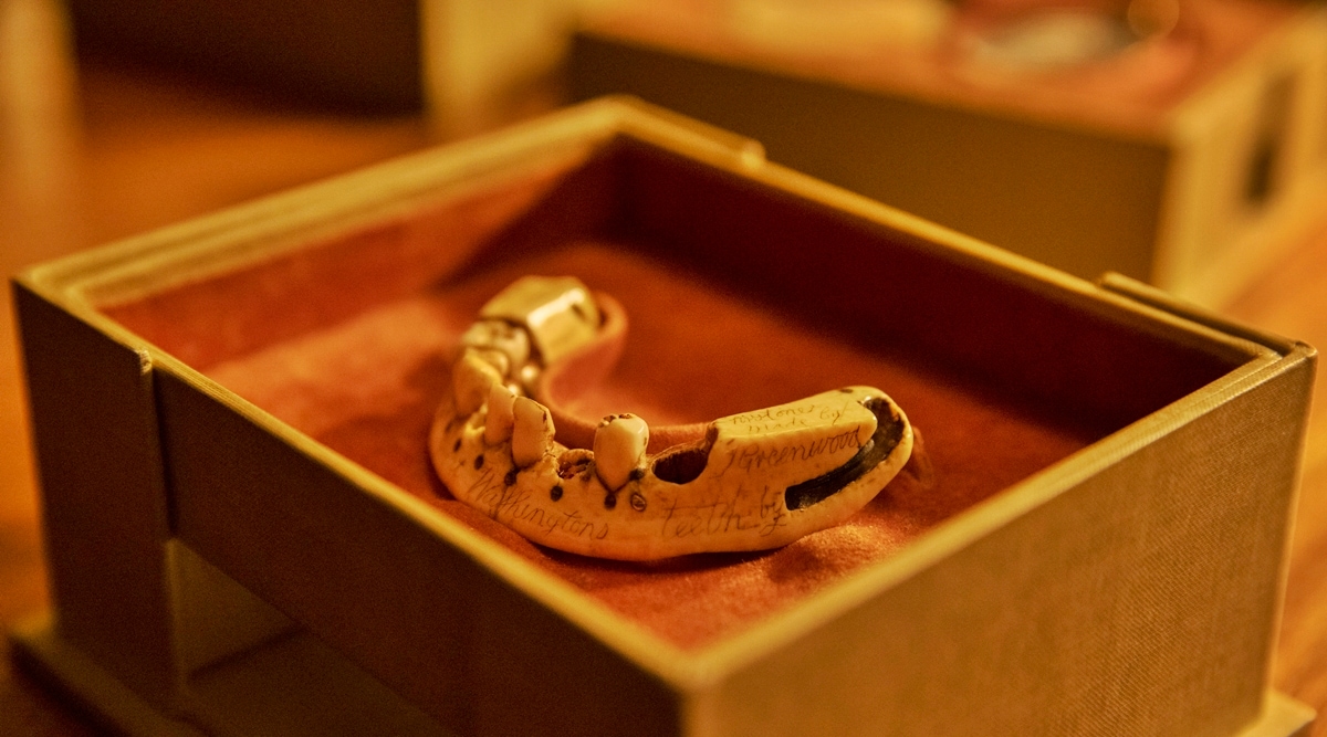 The lower dentures of President George Washington, with the words inscribed on the gumline, “This was Great Washington’s teeth” at the New York Academy of Medicine in Manhattan, May 26, 2021. (Benjamin Norman/The New York Times)
