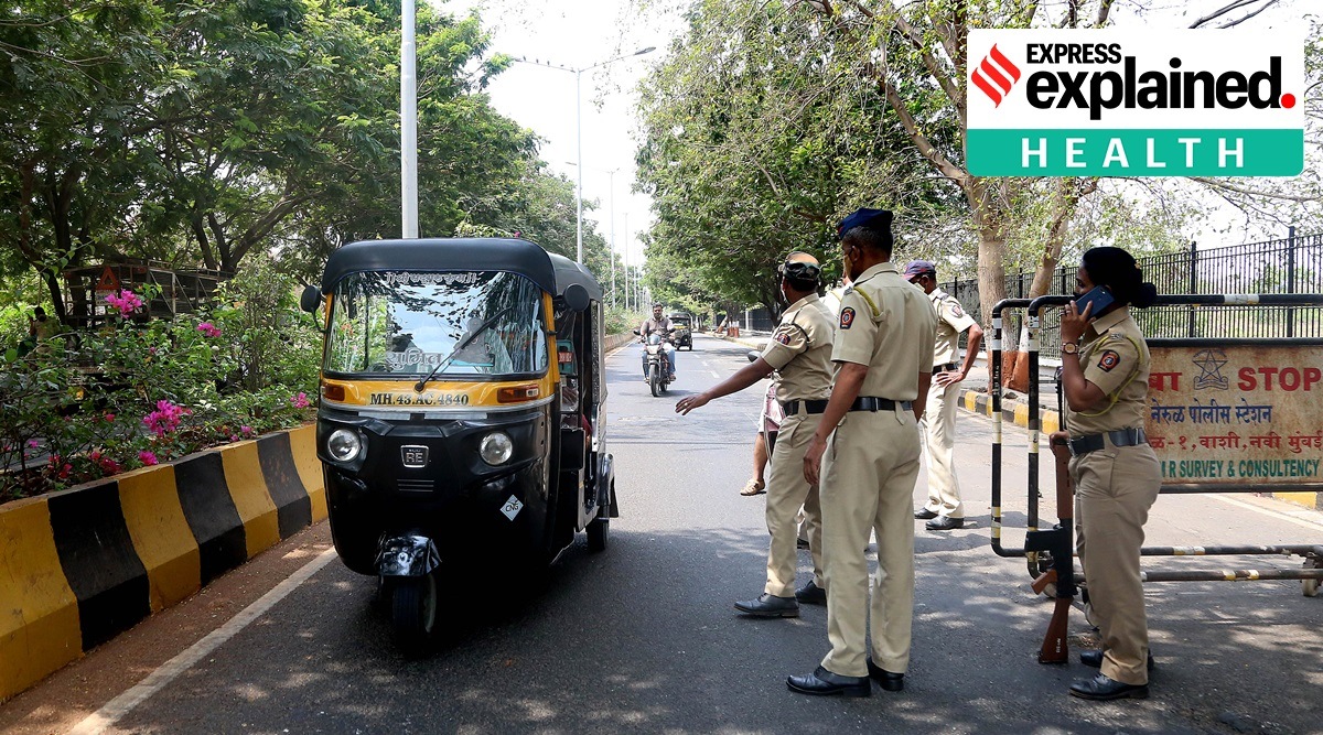 Police stop vehicles in Navi Mumbai amid lockdown. (Express Photo: Amit Chakravarty)