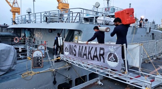 The specialised diving team of the Indian Navy gets ready to set sail for the rescue operations off the coast of Mumbai on Saturday. (Photo: Twitter/DefPROMumbai)