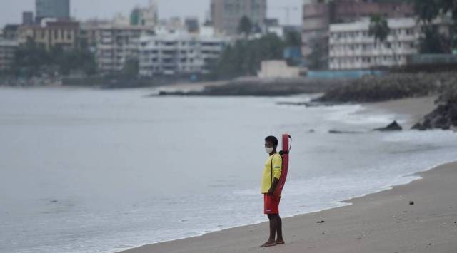 Lifeguard patrol at Dadar Chowpatty due to formation of Cyclone Tauktae in the Arabian Sea in Mumbai. (PTI)